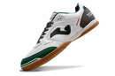 Chuteira de futsal Joma Top Flex Rebound na cor branca com detalhes em verde e cinza.