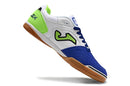 Chuteira de futsal Joma Top Flex Rebound, com design em branco, azul e verde, ideal para desempenho em quadras.