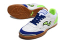 Chuteira de futsal Joma Top Flex Rebound, com design em branco, azul e verde, ideal para desempenho em quadras.