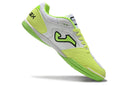 Chuteira de futsal Joma Top Flex Rebound na cor branca com detalhes em verde neon.
