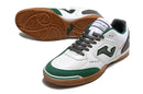 Chuteira de futsal Joma Top Flex Rebound na cor branca com detalhes em verde e cinza.