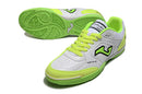Chuteira de futsal Joma Top Flex Rebound na cor branca com detalhes em verde neon.