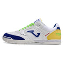 Chuteira de futsal Joma Top Flex Rebound na cor branca com detalhes em azul e amarelo.