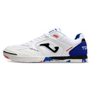 Chuteira de futsal Joma Top Flex Rebound na cor branca com detalhes em azul e preto