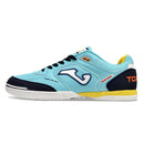 Chuteira de futsal Joma Top Flex Rebound na cor azul, com detalhes em preto e amarelo.