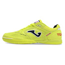 Chuteira de futsal Joma Top Flex Rebound na cor amarela, com detalhes em azul e vermelho.