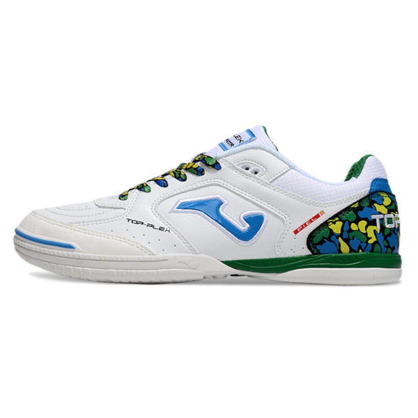 Chuteira de futsal Joma Top Flex Rebound, modelo branco com detalhes coloridos e solado apropriado para quadras.