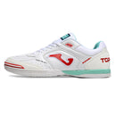 Chuteira de futsal Joma Top Flex Rebound na cor branca com detalhes em vermelho e verde.