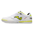 Chuteira de futsal Joma Top Flex Rebound na cor branca com detalhes em amarelo e preto.