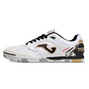 Chuteira de futsal Joma Top Flex Rebound na cor branca com detalhes em preto e dourado.