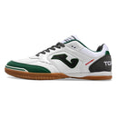 Chuteira de futsal Joma Top Flex Rebound na cor branca com detalhes em verde e cinza.