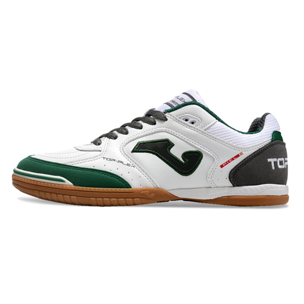 Chuteira de futsal Joma Top Flex Rebound na cor branca com detalhes em verde e cinza.