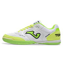 Chuteira de futsal Joma Top Flex Rebound na cor branca com detalhes em verde neon.